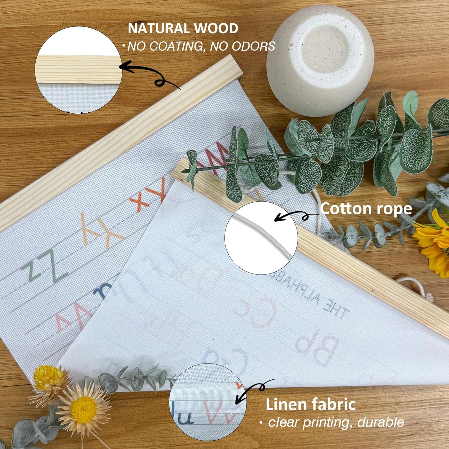 BONETAT Numbers alphabet poster for Nursery Toddlers,Correct Letter Formation on Line Paper, Play Room Wall Decor,ABC Wall Chart,Preschool Homeschool Decor Kids Wall Decor,Wooden Alphabet Banner-A04