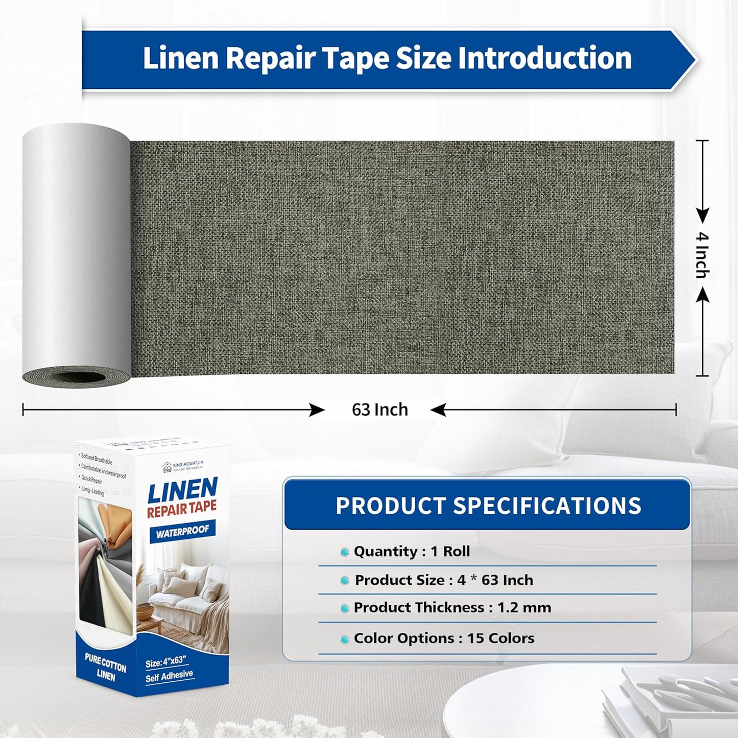 KING MOUNTAIN Linen Repair Patches, Self-Adhesive Linen Fabric Patches, 4 X 63 inch Extra Size, Multi Color, Can be Used for Linen Sofa Repair and Linen Clothes Repair (Dark Grey 1.0)