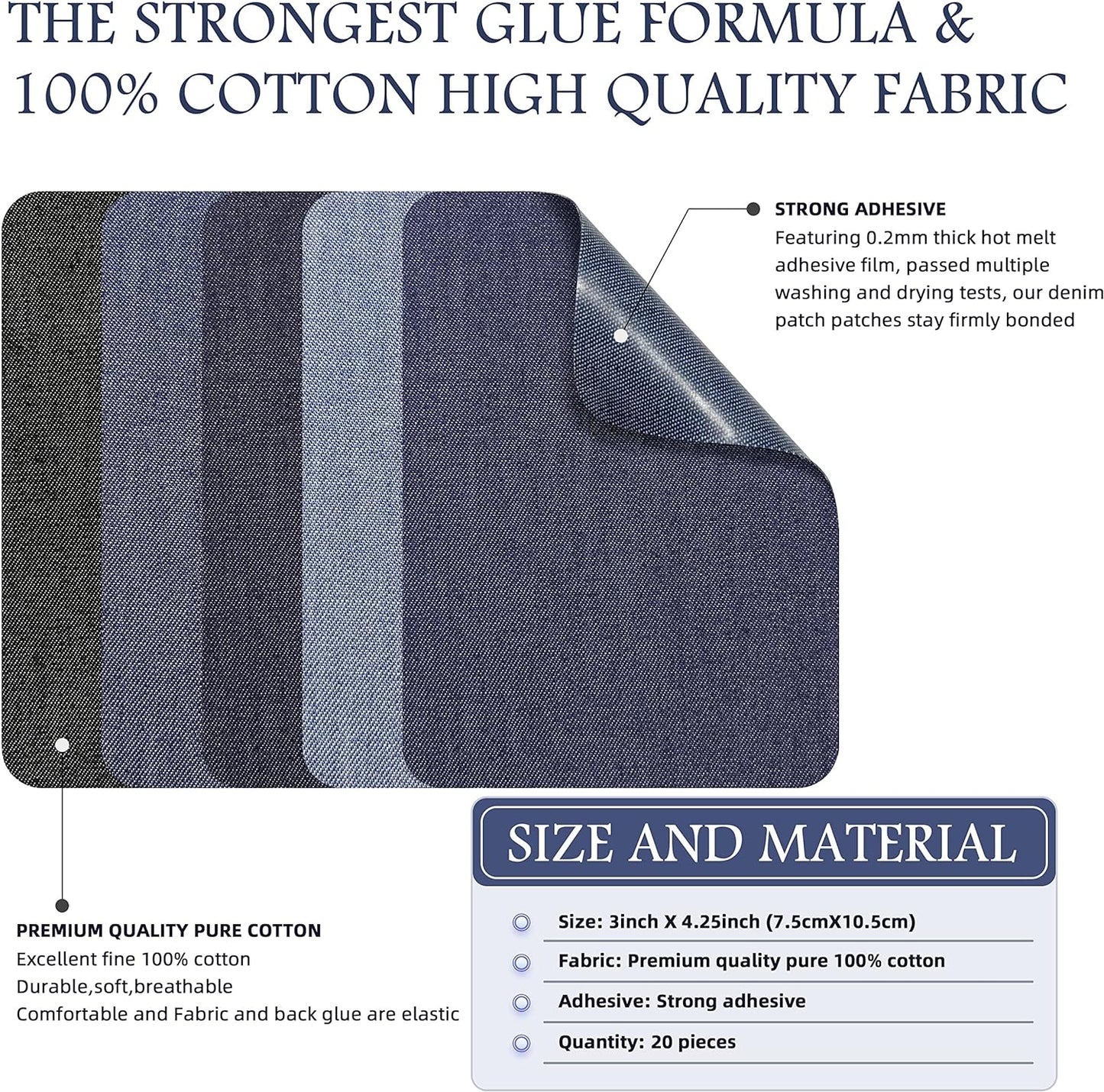 KING MOUNTAIN Iron-on Repair Patch 20 Pcs Pack,Denim Patches for Jeans Kit 3" by 4-1/4",100% Cotton Denim Iron-on Repair Patch,Jeans and Clothing Repair and Decoration Kit (Five Color 1.0)