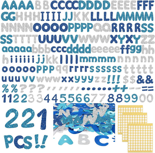 221 Pcs Classroom Bulletin Board Letters Colorful Alphabet Cutouts Number and Punctuation Symbol Combo Letter Cutouts for Wall Chalkboard Poster Board Decor(Blue Glitter Round)