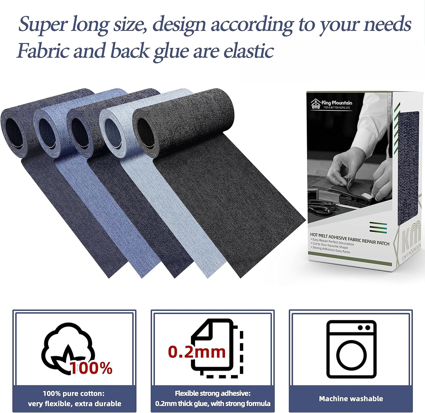 KING MOUNTAIN Iron-on Repair Patch,3"x60"100% Cotton Denim Iron-on Repair Patch, Jeans and Clothing Repair and Decoration Kit (Dark Blue)