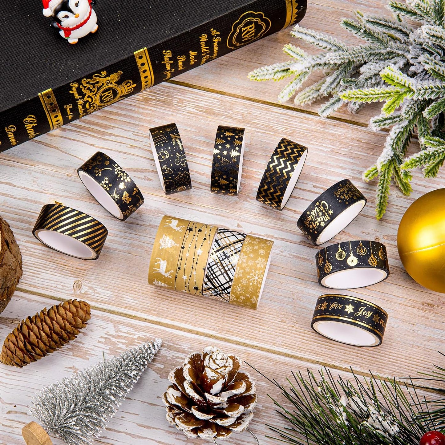 Whaline 12 Rolls Christmas Washi Tape Black Gold Xmas Washi Masking Tape Foil Gold Snowflake Xmas Tree Xmas Tree Ball Plaid Pattern Decorative Tape for Scrapbook Journal DIY Craft Gift Wrapping