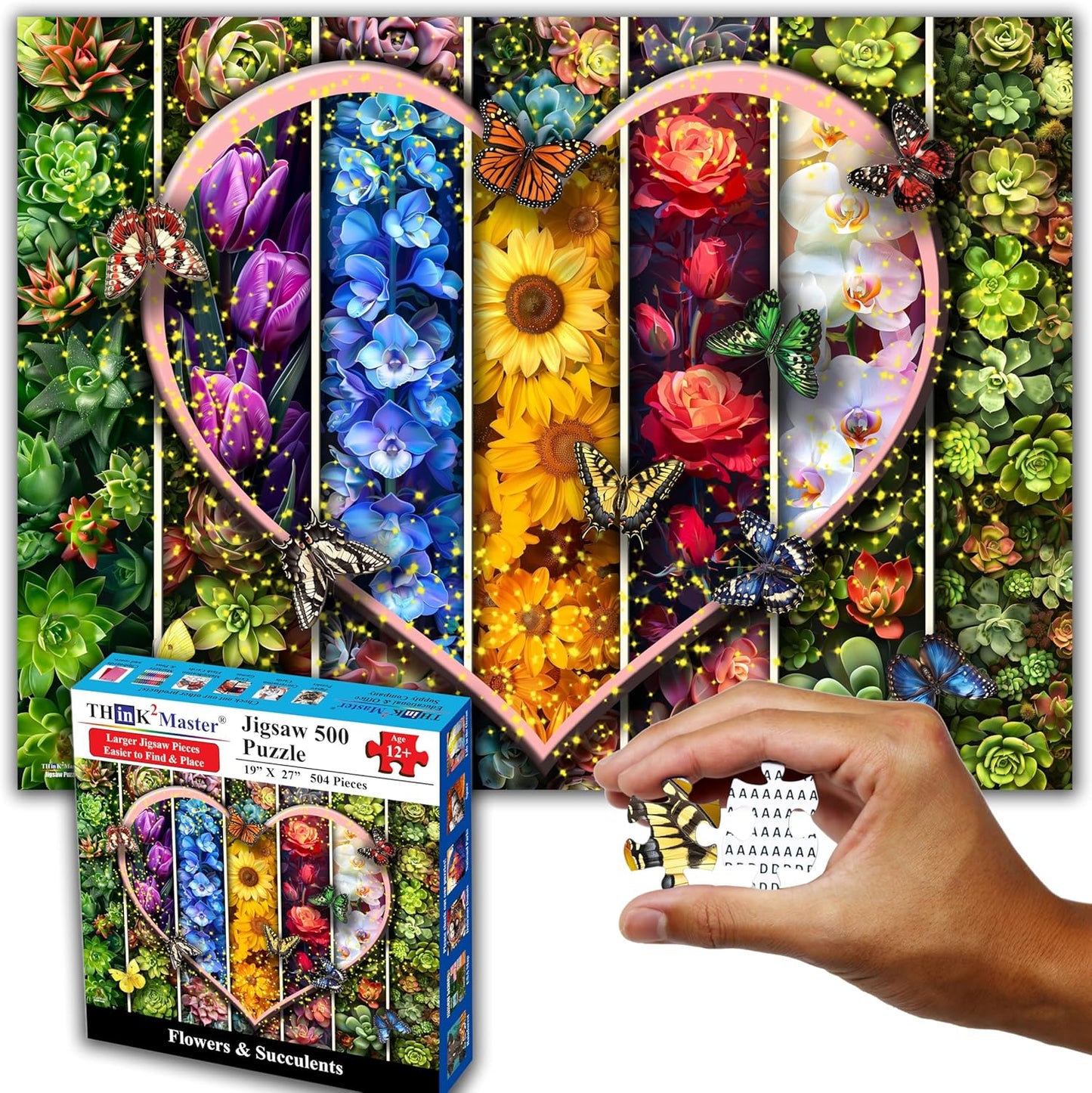 Think2Master Colorful Flowers Succulents & Butterflies 500 Pieces Large Format Jigsaw Puzzle for Kids 12+, Teens, Adults & Families. Beautiful Vibrant Heart Valentine's Day Illustration 26.8” X 18.9”