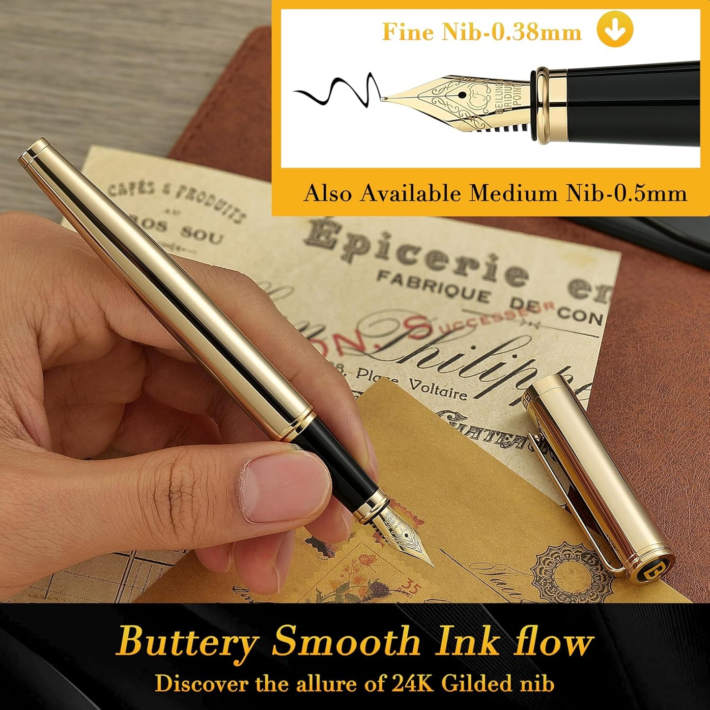 BEILUNER Gold Fountain Pen,Stunning Luxury Pens with 24K Gold Finish, Gorgeous 24K Gilded Nib(Fine), Trustworthy Pen Gift for Men&Women -Ink Converter-Elegant, Professional, Nice Pen for Writing