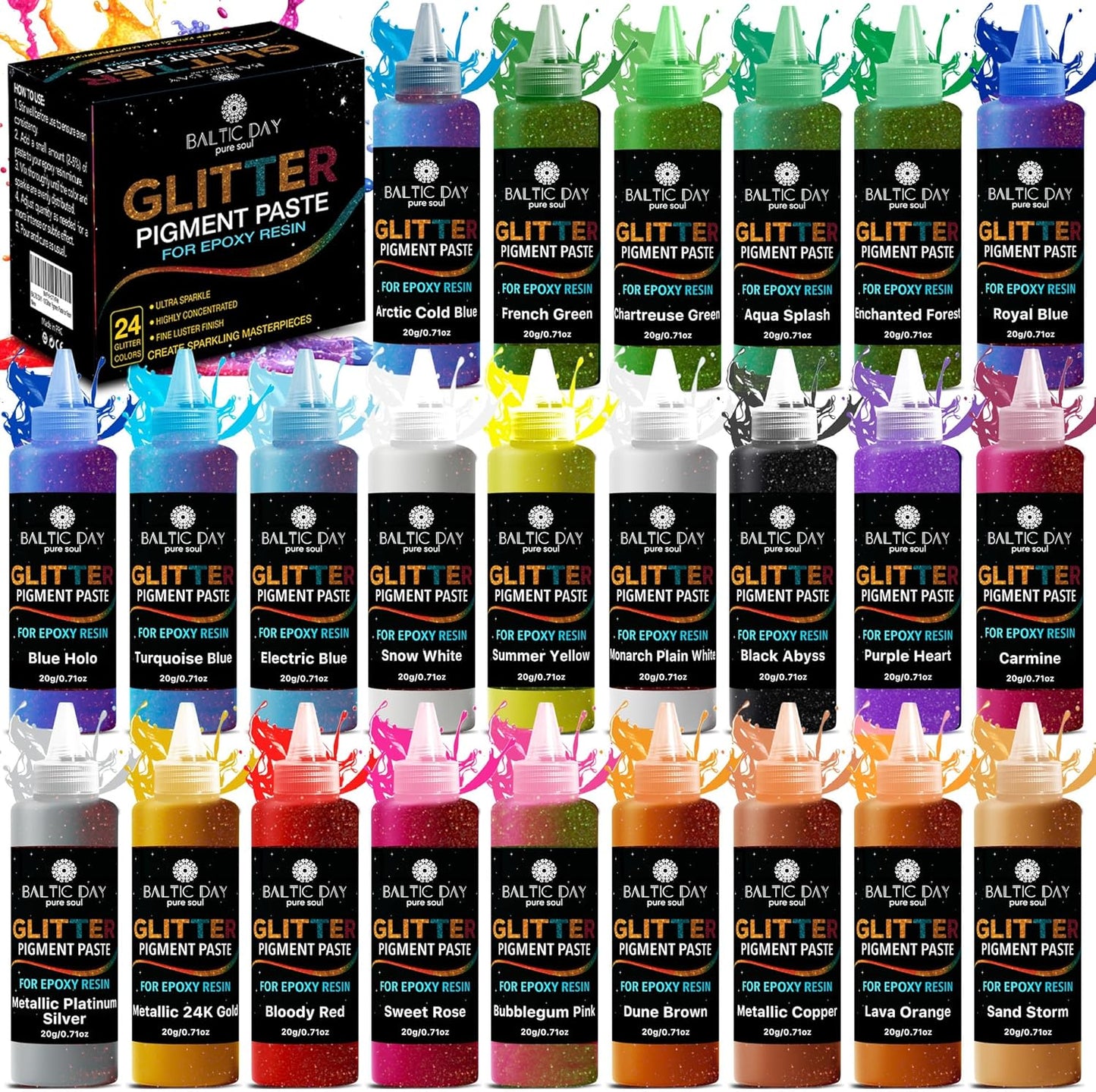 24 Color Pigment Paste for Epoxy Resin Set [ Glitter Series ] – Opaque Epoxy Pigment, Epoxy Dye Paste & High Concentration Mica Powder for Resin Art, Jewelry, Tumblers, Coasters & Crafts