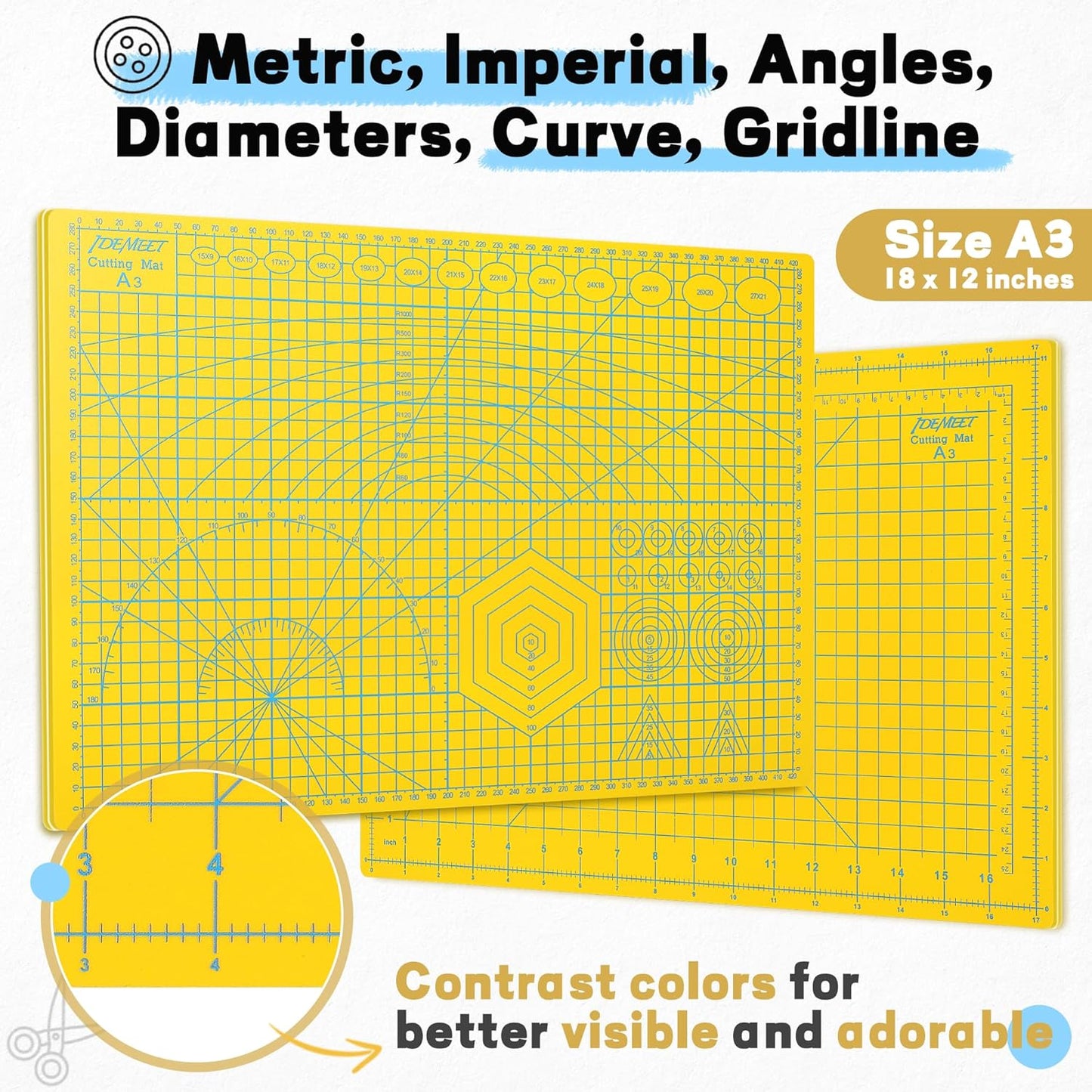 Premium Self Healing Cutting Mat 18'' x 12'', A3 Non-slip Sewing Mat for Quilting, 5-Ply Rotary Cutting Board Double-Sided for Crafts Cutting Fabric Scrapbooking Modeling Projects, Lemon Yellow