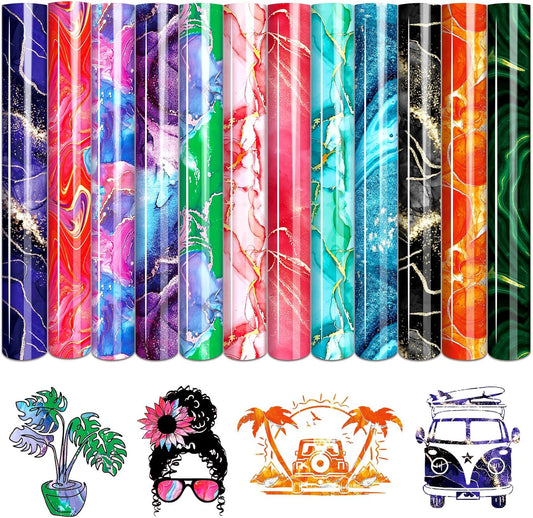 Tintnut Marble Heat Transfer Vinyl - 12 Sheets 10 x 12 Inch Bundles Watercolor Gold Pattern Iron on Vinyl Opal Ombre Print HTV Transfer DIY T-Shirt Gift Canvas Bag for Cricut or Silhouette Cameo