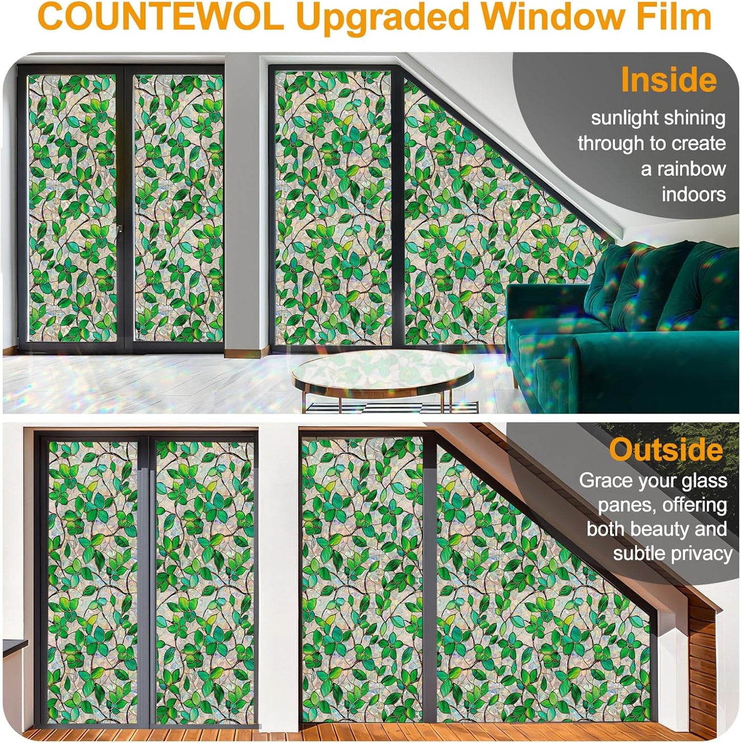 Window Privacy Film Stain Glass Window Film Rainbow Window Film Window clings Non-Adhesive Reusable Decorative for Room (Greenery Leaf, 45.2 x 78.7 in)