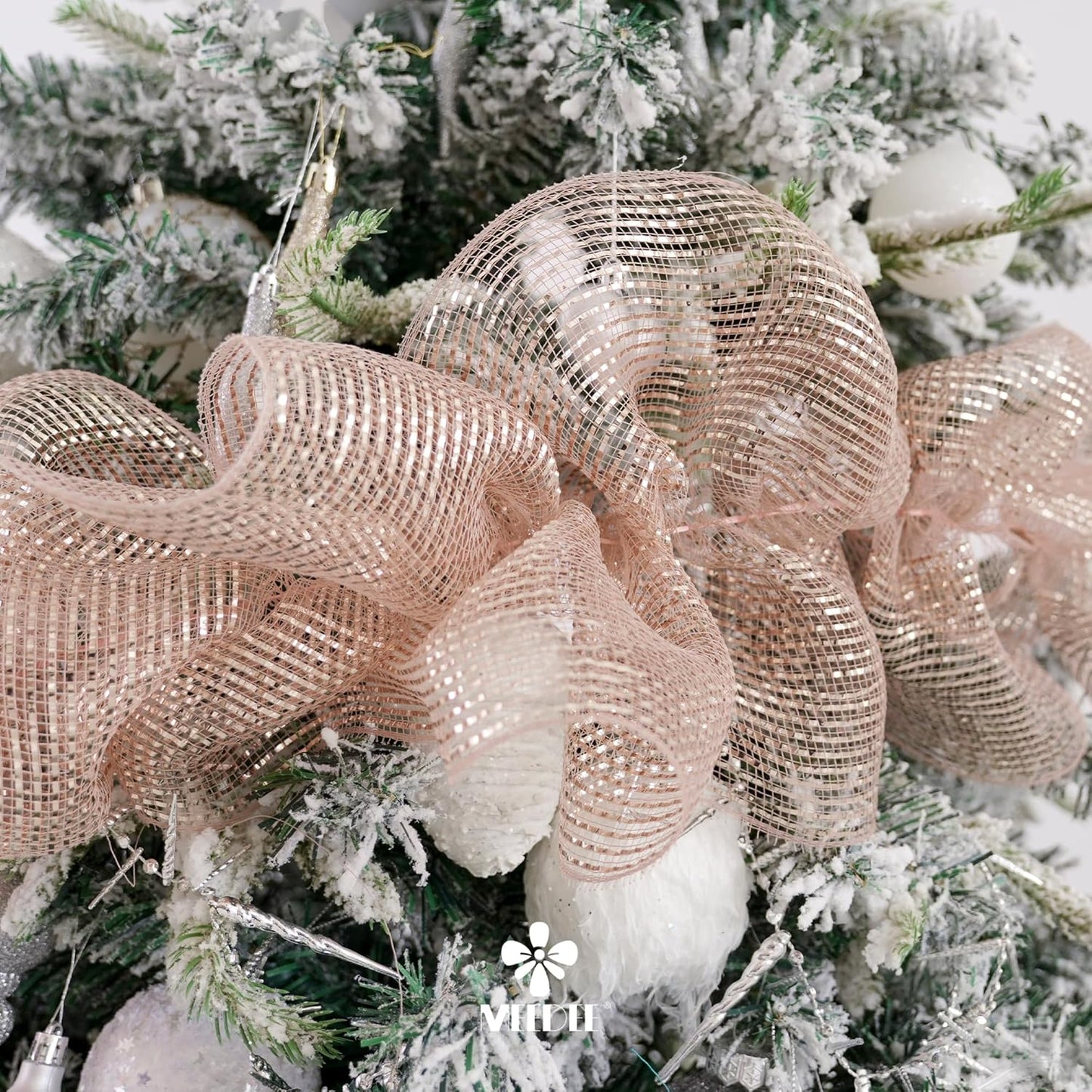 MEEDEE Rose Gold Deco Mesh 10 Inch Deluxe Wide Foil Metallic Pull Up Mesh Rose Gold Decorative Mesh Ribbon for Christmas Tree, Wreaths, Garland, Gift Wrapping, Bows Making (30 Feet)