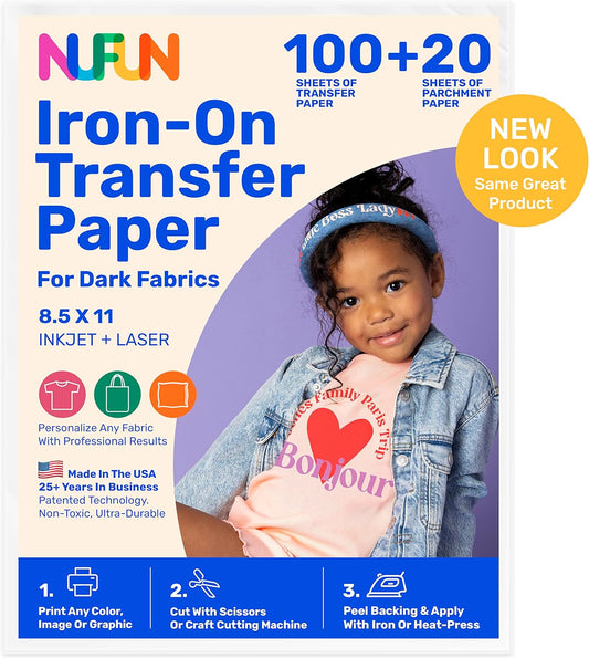 NuFun Activities Printable Iron-on Heat Transfer Paper for T Shirts, Dark Fabrics, 100 Sheets 8.5 x 11 inch, Long Lasting, Durable, Professional Quality, Easy DIY, Non-Toxic, Made In the USA
