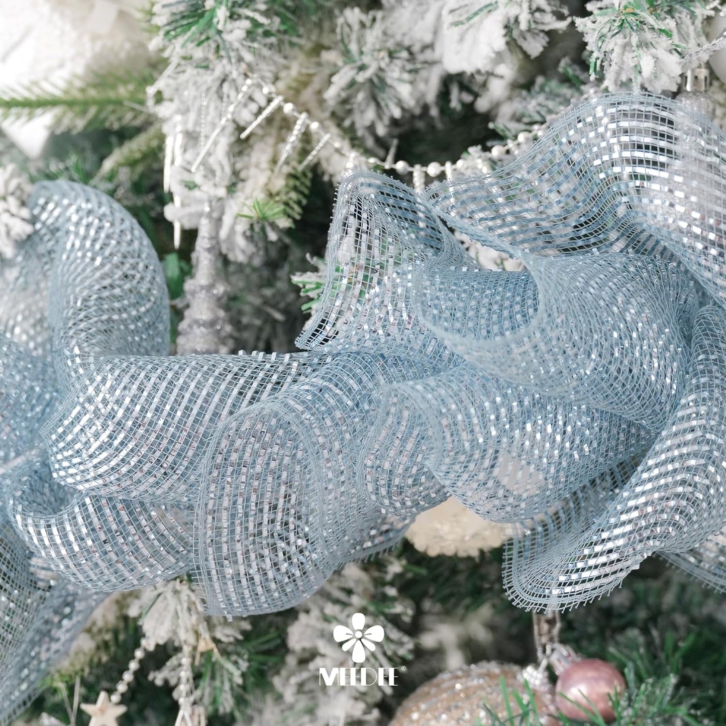 MEEDEE Silver Deco Mesh 10 Inch Deluxe Wide Foil Metallic Pull Up Decorative Ribbon for Christmas Tree, Wreaths, Garland, Gift Wrapping, Bows Making (30 Feet)