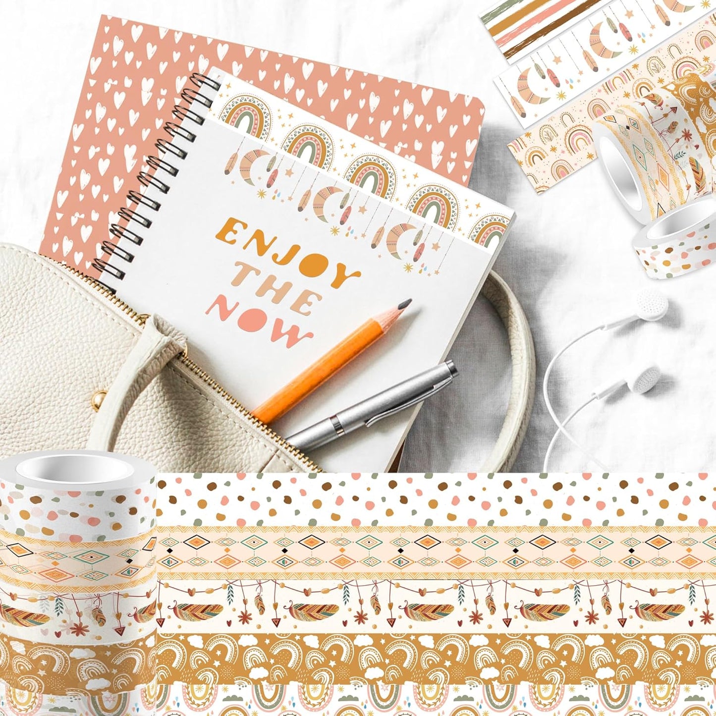 12 Rolls Washi Tape Boho Washi Tape Set Vintage Rainbow Sun Stars Masking Tapes Decorative Paper Stickers Decorative Tapes for DIY Art Crafts Wrapping Decor Junk Journal Scrapbooking Gifts Stickers