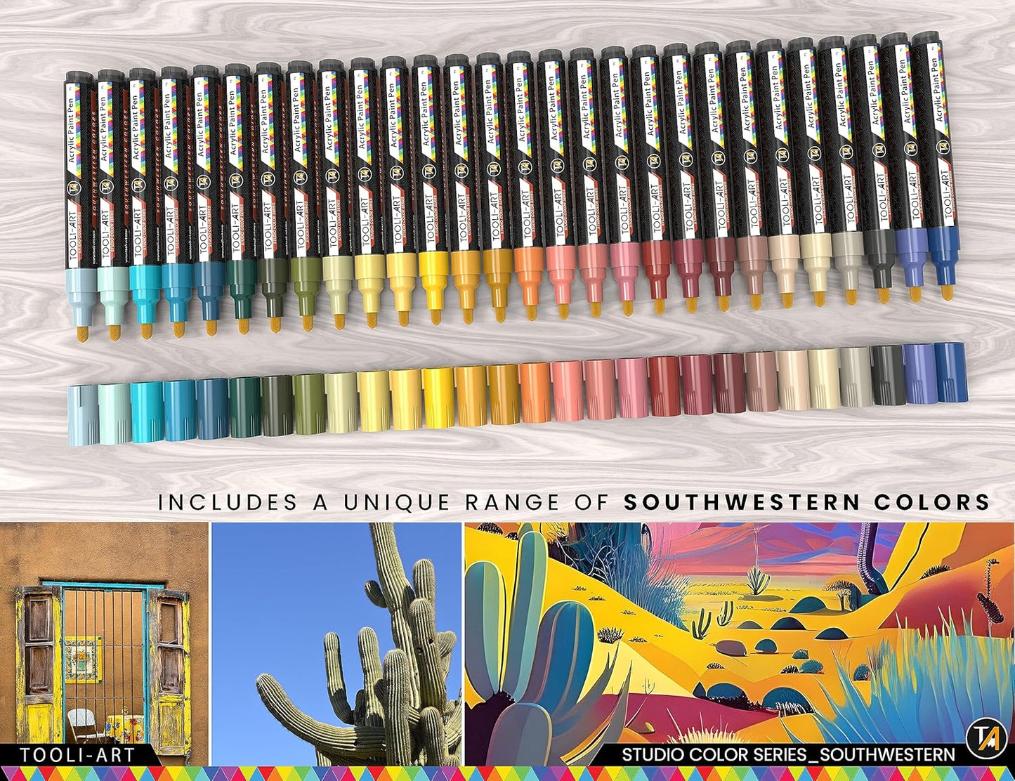 28 Southwestern Colors Acrylic Paint Pens Studio Color Series Markers Set 3mm Medium Tip, Rock Painting, Glass, Mugs, Wood, Metal, Canvas, DIY Projects, Detailing. Non Toxic, Waterbased, Quick Drying