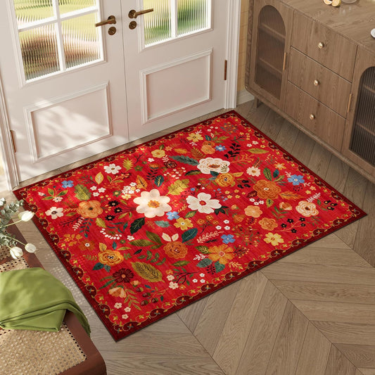 Rugcomf Door Mat Indoor Entrance 2x3 Rug Machine Washable Boho Floral Small Area Rug Non-Slip Low Pile Throw Rugs for Entryway, Kitchen, Front Door Indoor Entrance, Entry, Kids Room (Red)