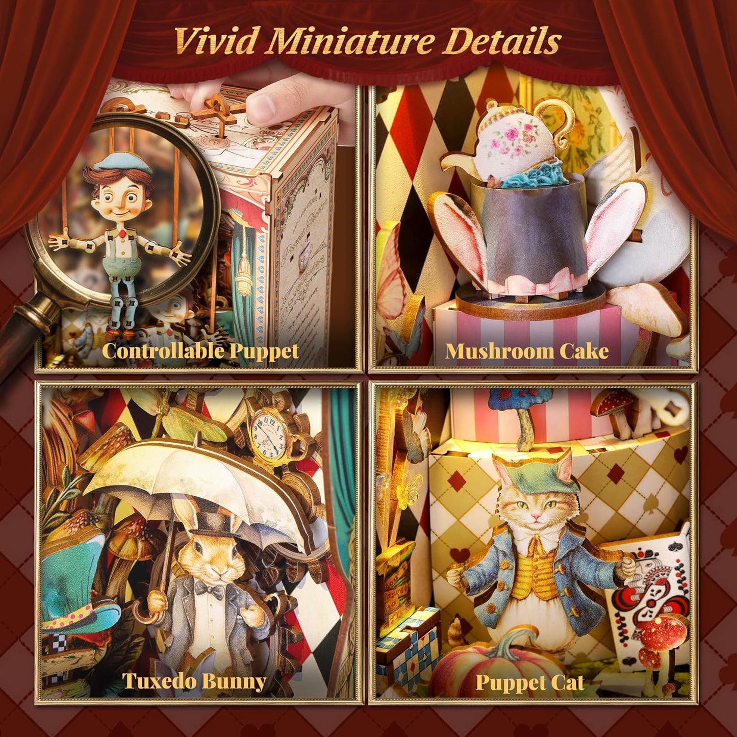 LED 3D Wood Puzzle Puppet Theater Book Nook Kit - Interactive Miniature DIY Bookshelf Insert with Movable Puppets - Creative Fantasy Scene Home Decor Gift(Puppet Theater)