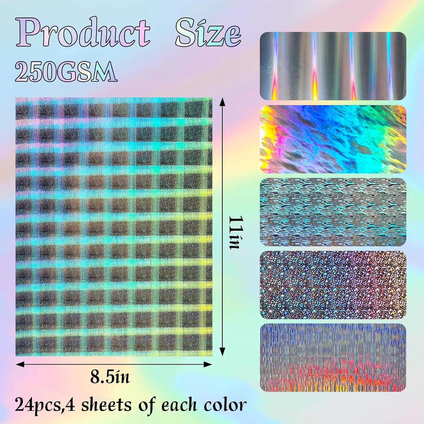 24 Sheets Holographic Cardstock 8.5 x 11in, 250gsm/92lb 6 Mixed Styles Metallic Cardstock Shiny Iridescent Mirror Paper Thick Foil Board for Scrapbook,Card Making,Crafts,Party Decoration (Multicolor)