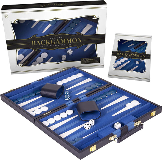 Classic 18-Inch Backgammon Set – Premium Folding Board Game with Leatherette Case, Felt Surface & Complete Accessories – Blue – for Adults & Kids
