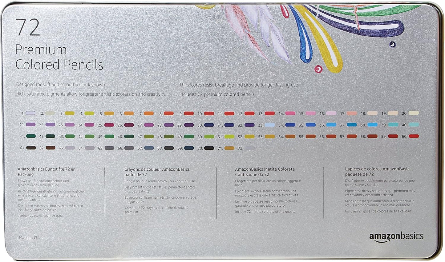 Amazon Basics Colored Pencils for Coloring and Drawing, Premium, Soft Core, Back to School Supplies, 72 Count (Pack of 1), Multicolor