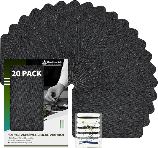 KING MOUNTAIN Iron-on Repair Patch 20 Pcs Pack,Denim Patches for Jeans Kit 3" by 4-1/4",100% Cotton Denim Iron-on Repair Patch, Jeans and Clothing Repair and Decoration Kit (Black)