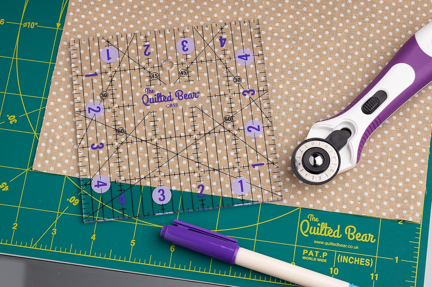 The Quilted Bear Quilting Rulers - Transparent Acrylic Non Slip Quilting, Patchwork & Sewing Ruler with Clear Black Lines & 30, 45 & 60 Degree Angles for Perfect Accuracy & Precision (6" x 6")