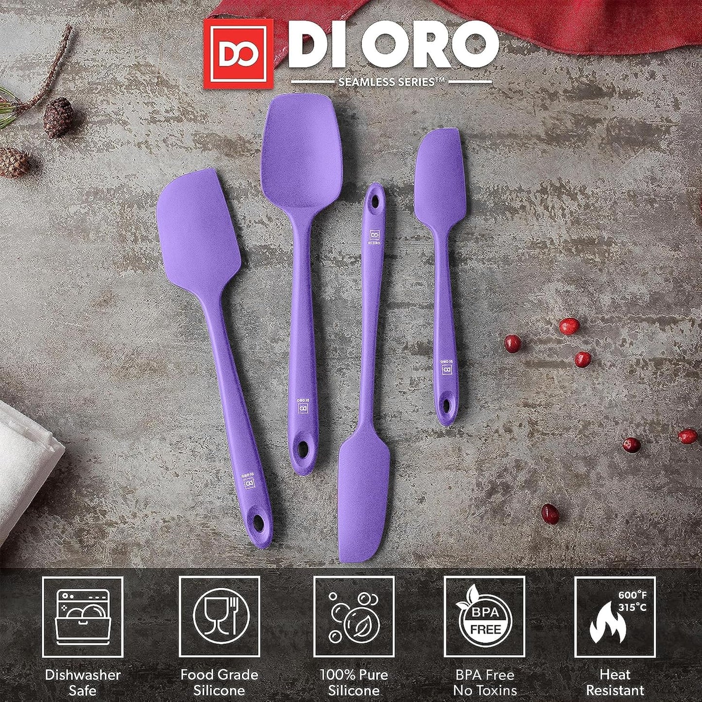 DI ORO Silicone Spatula Set - Rubber Kitchen Spatulas for Baking, Cooking, & Mixing - 600°F Heat-Resistant & BPA Free Silicone Scraper Spatulas for Nonstick Cookware - Dishwasher Safe (4pc, Lavender)