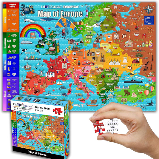 Think2Master Colorful Map of Europe 1000 Pieces Jigsaw Puzzle for Kids 12+, Teens, Adults & Families. Great Gift for stimulating Interest in The European Map. Size: 26.8” X 18.9”