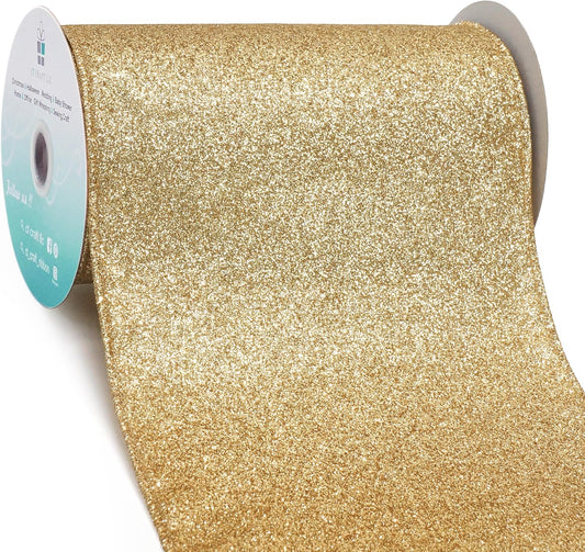 CT CRAFT LLC Glitter Wired Ribbon 6" x 10 Yards Light Gold for Christmas Home Decor Bow Gift Wrapping DIY Crafts Wreath
