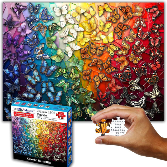 Think2Master Colorful Rainbow of Butterflies & Stained Glass 1000 Pieces Large Format Jigsaw Puzzle for Kids 12+, Teens, Adults & Families. Beautiful Vibrant Illustration Artwork Size: 26.8” X 18.9”