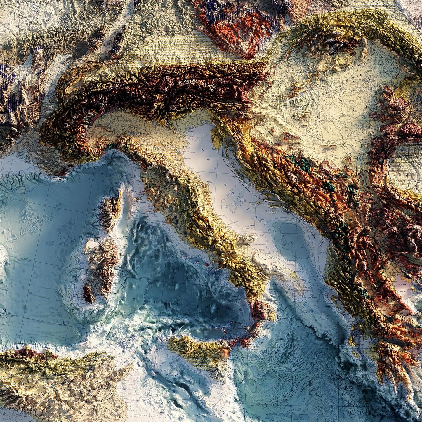 Muir Way Shaded Relief Elevation Map of Europe - Vintage-Style Topographic Wall Art with Map Look - Unframed Flat Paper Print, 48x40