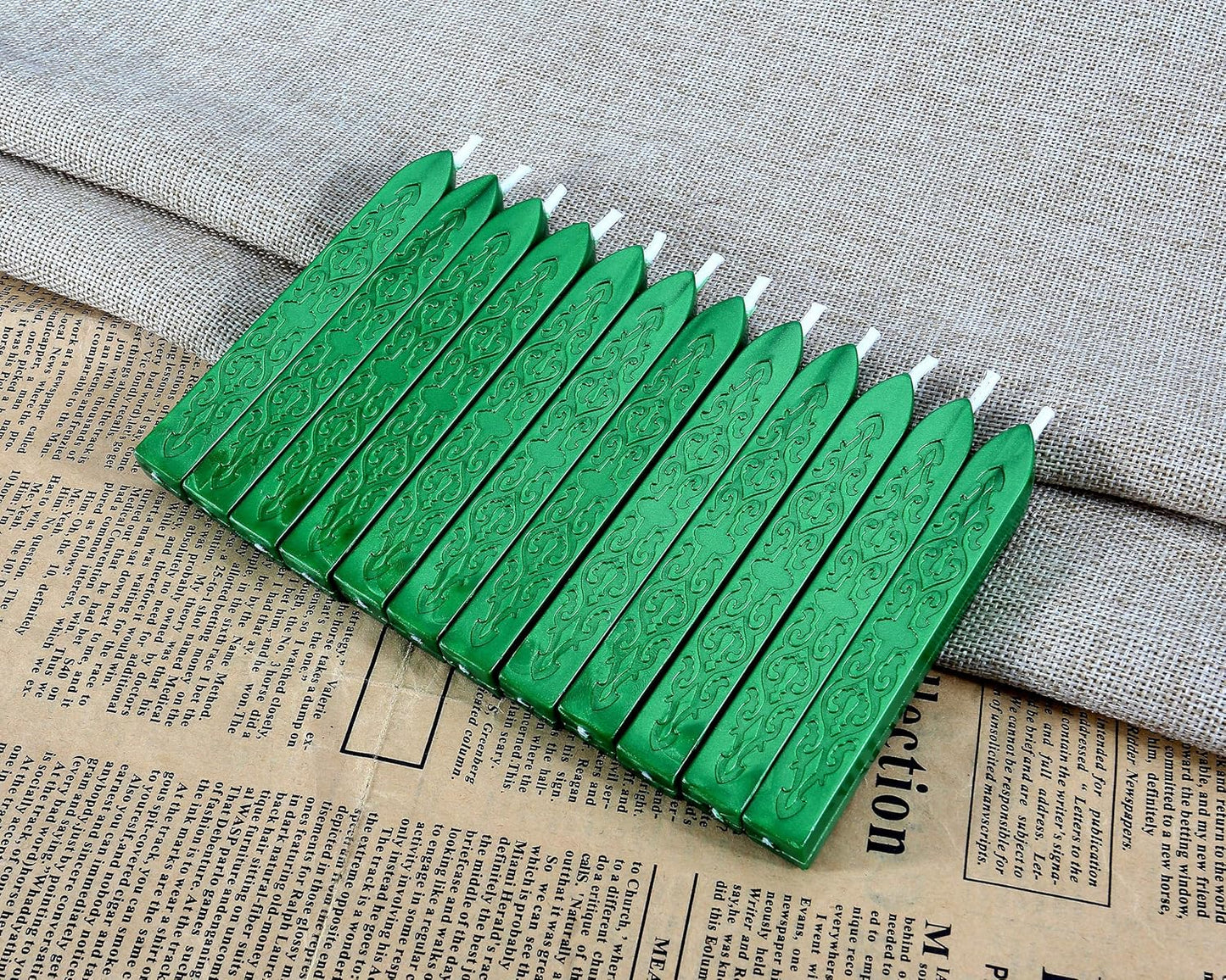 Yoption 12 Pcs Sealing Wax Sticks with Wicks, Antique Metallic Green Totem Fire Manuscript Seal Wax for Wax Seal Stamp (Metallic Green)