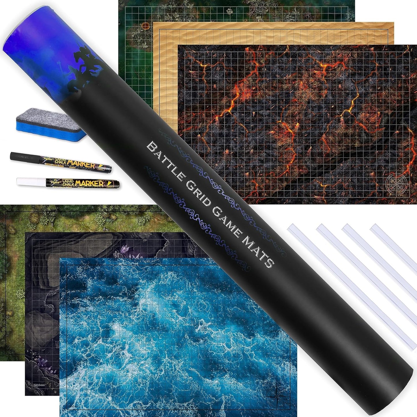 Tidyboss DND Expansion Pack | 3 X Double Sides 24x 36 Game Grid Mat | 6 Terrains with Lava, Sea, Forest, Cave, Swamp and Desert | Includes 2 x Dry Erase Markers, Eraser and Clips