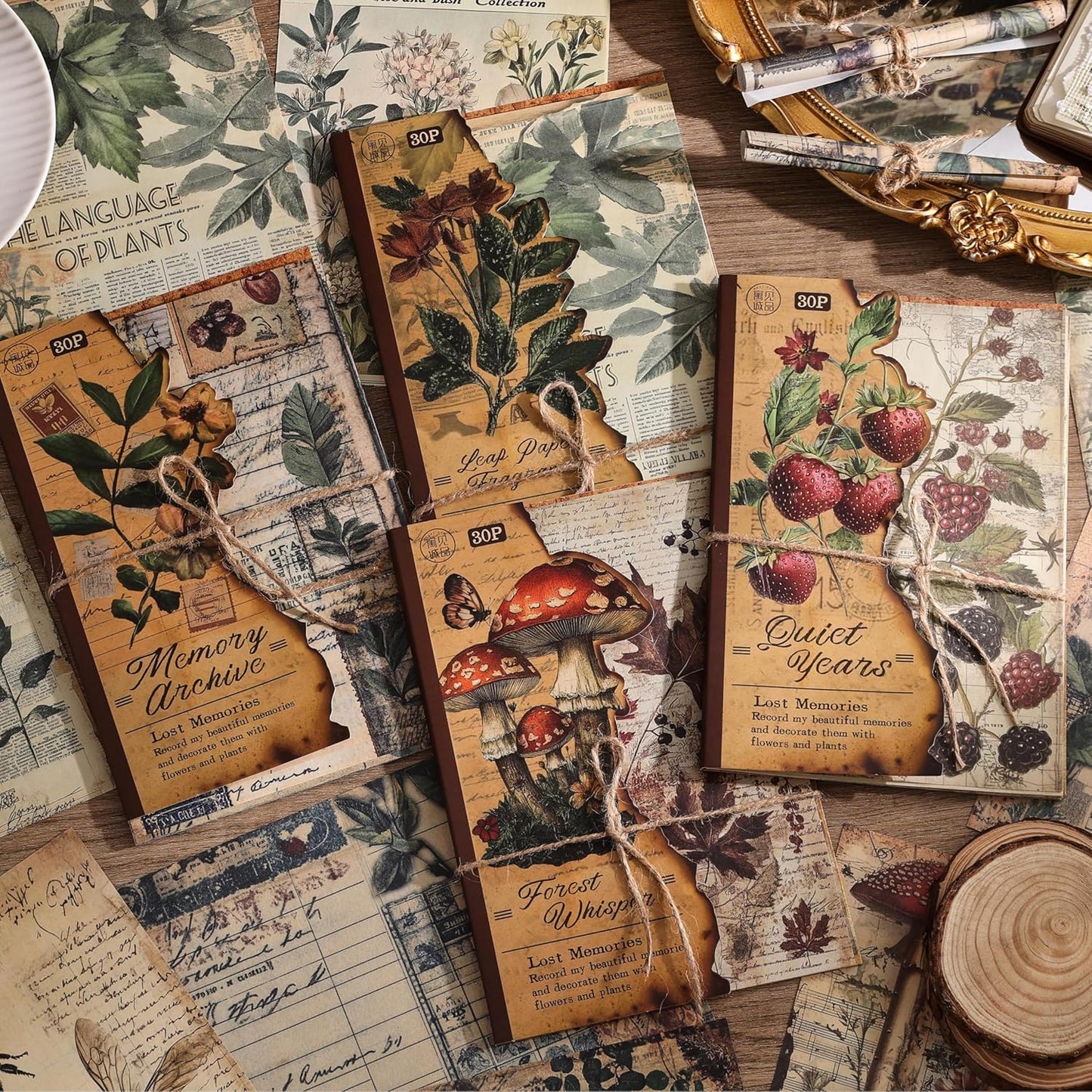 120 Sheets Vintage Botanical Scrapbook Paper Set, Journaling Scrapbooking Supplies Craft Decoupage Papers Kit, 4 Themes x 30 Mushroom Floral Antique Letter Design for Junk Journals Collage Card Making