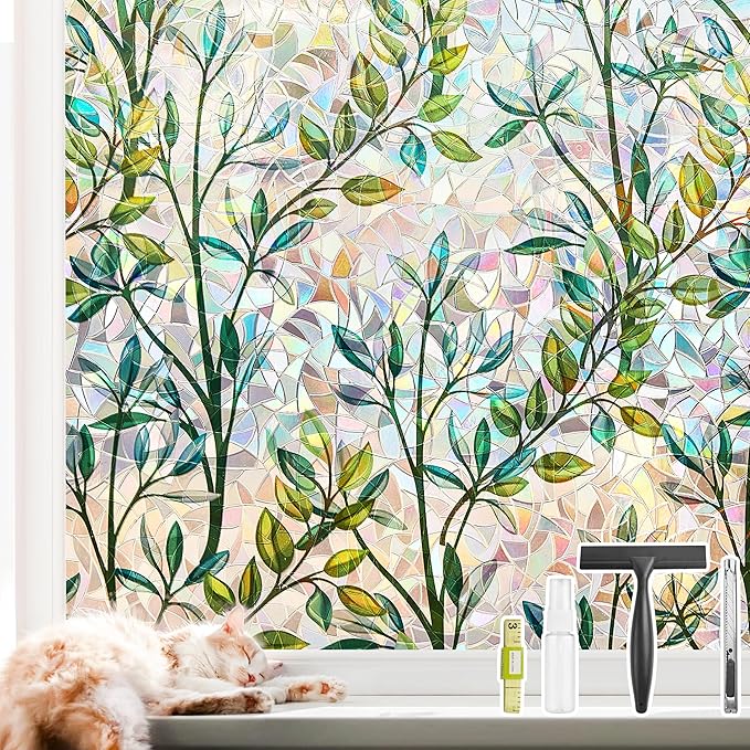 NINETREX Stained Glass Window Film 3D Decorative Cling, Sun Blocking Static Cling Removable Film for Glass Door, Home Decor Window Cover Non-Adhesive 29.5 x 157.4 inches, Leaf