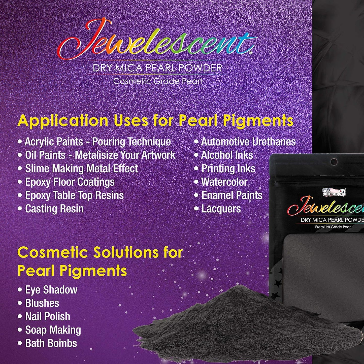 U.S. Art Supply Jewelescent Mica Pearl Pigment Powder Kit, 6 Basic Colors, 3.5 oz (100g) Pouches - Cosmetic Grade, Epoxy Resin Color Pigment, Mica Powder for Resin, Soap, Slime, Candle Dye, Art