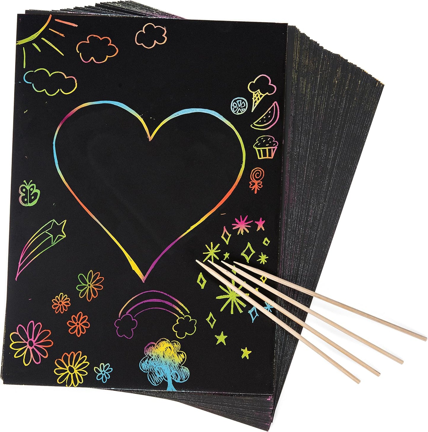 50 Piece Rainbow Scratch Paper - 4 Wooden Styluses Included - Create Rainbow Scratch Art With This Jumbo Craft Pack