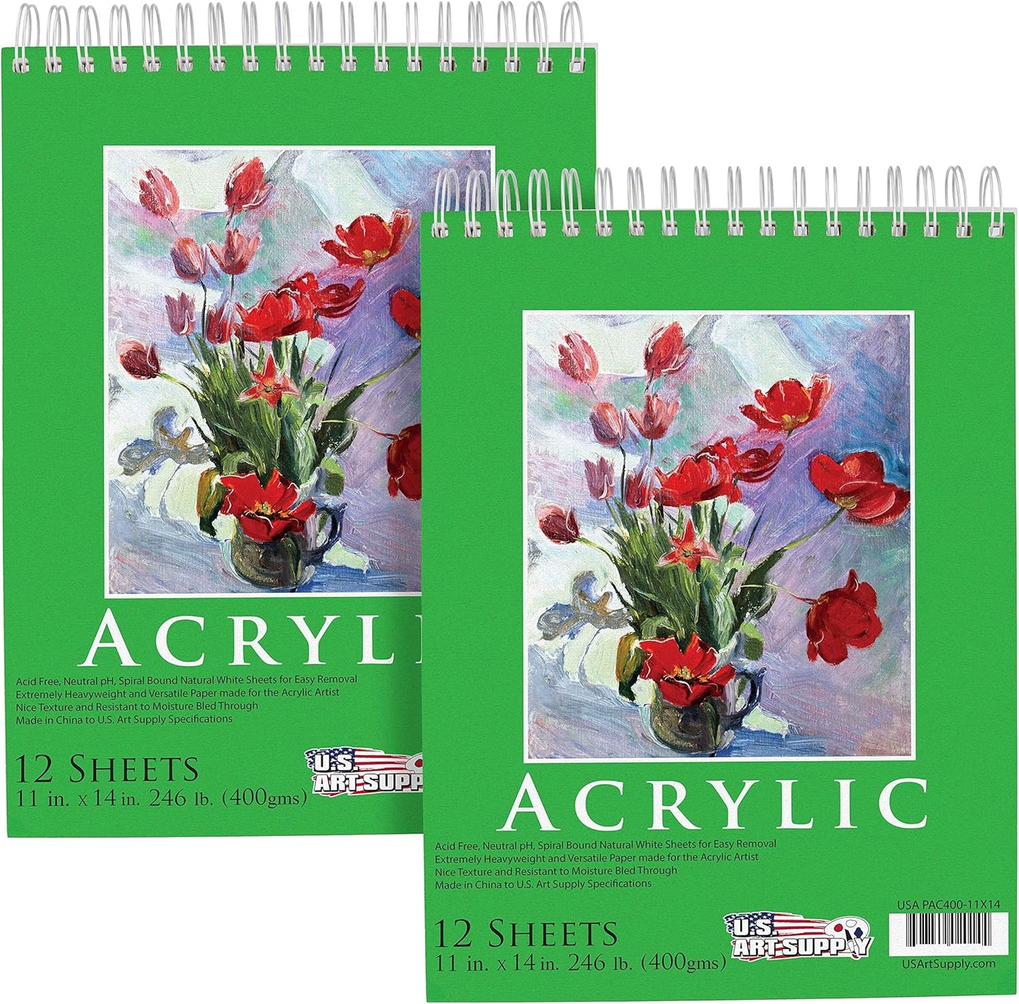 U.S. Art Supply 11x14 Premium Heavy-Weight Acrylic Painting Paper Pad, 246lb (400gsm), 2 Pack, 12 Sheets, Spiral Bound, for Acrylic Paint