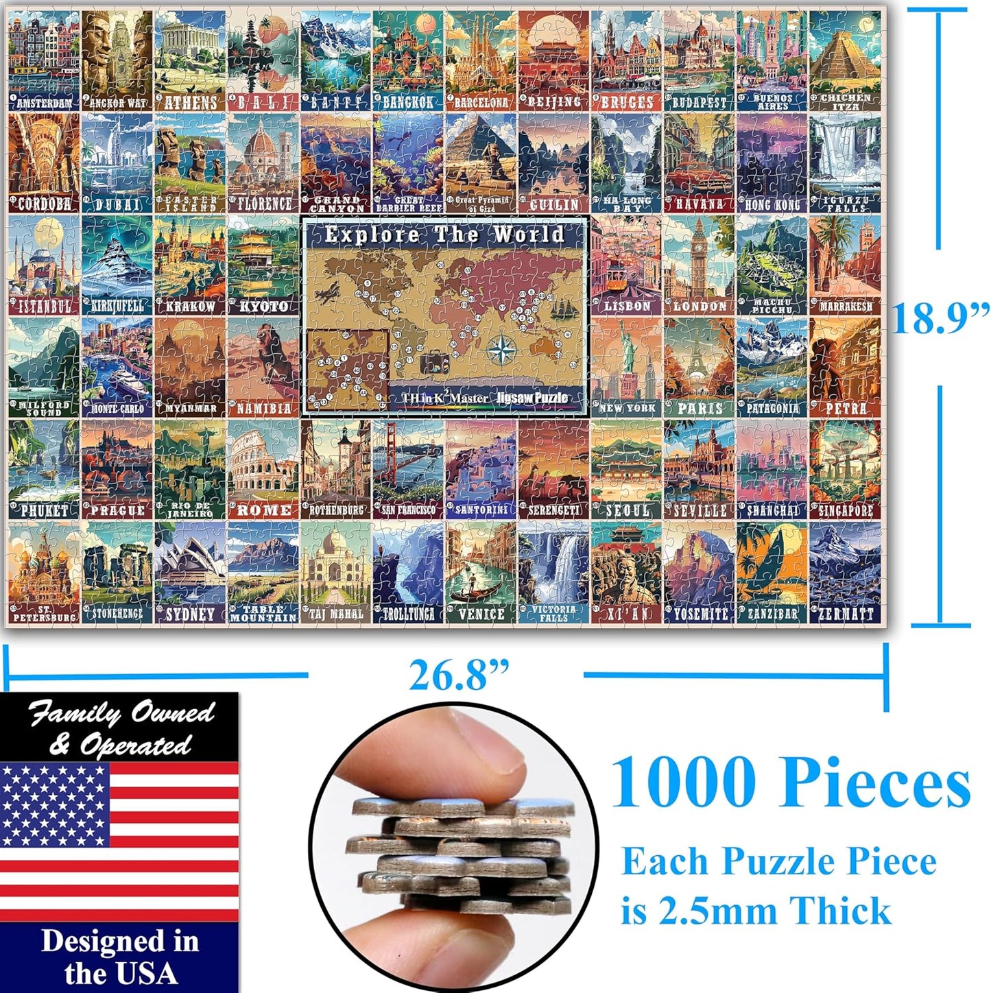 Think2Master Colorful Vintage World Travel Poster 1000 pieces Large Format Jigsaw Puzzle for kids 12+, teens, adults & families. Great gift for people wanting to explore the World. Size: 26.8” X 18.9”