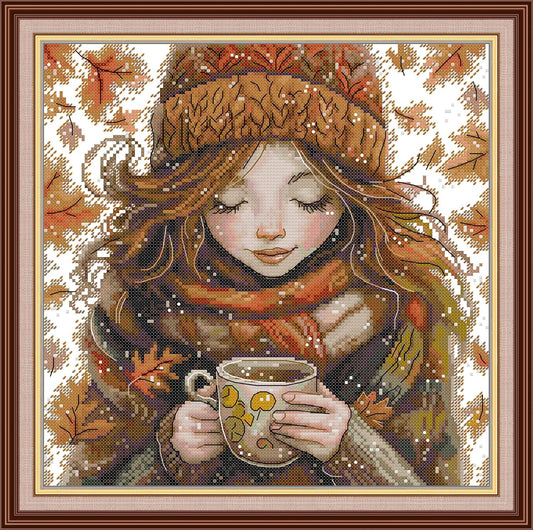 Threadhaven Cross-Stitch Kit 14CT Aida Counted Embroidery Complete Set with Fabric, Threads, Needles & Chart-Premium Beautiful Girls Design for Adults & Beginners- Winter Warm Tea 13''×13''
