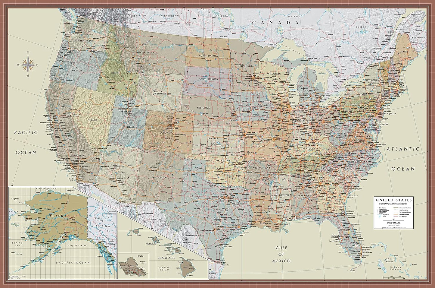 24x36 United States, USA Contemporary Premier Wall Map Poster (24x36 PAPER)