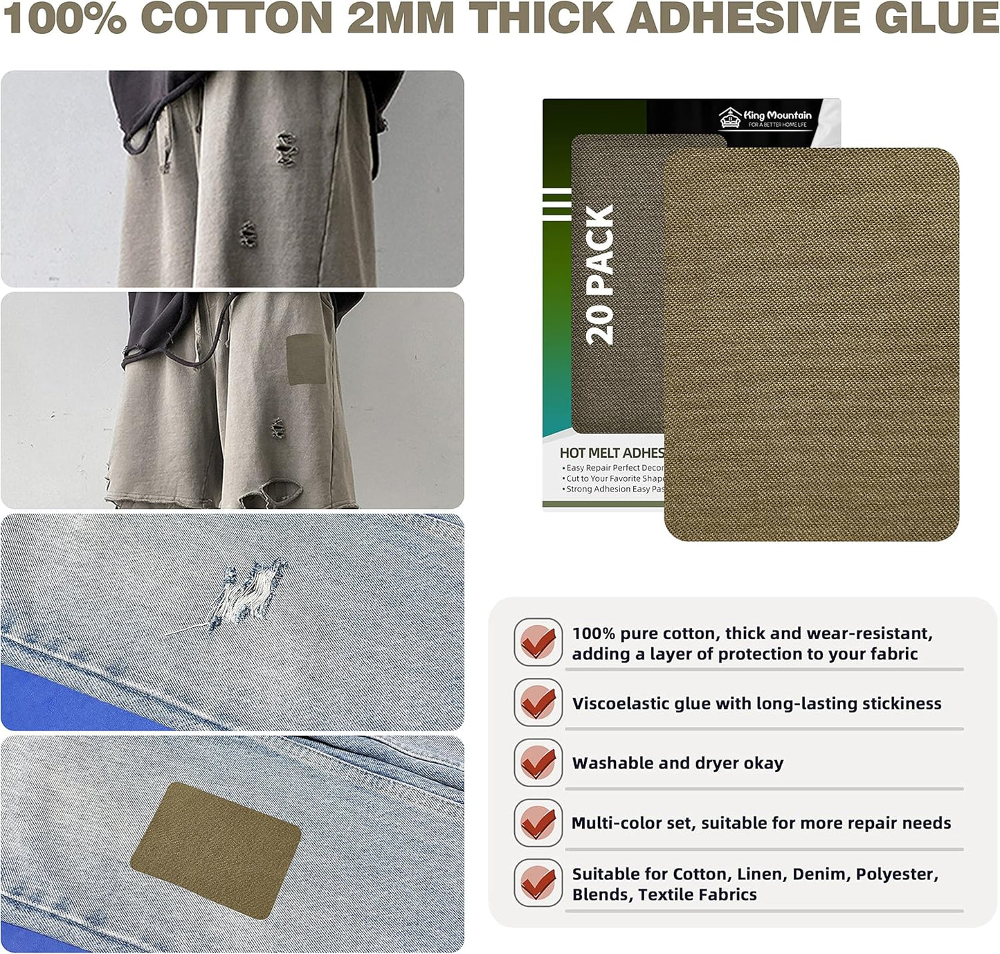 KING MOUNTAIN Iron-on Repair Patch 20 Pcs Pack,3" x4-1/4 100% Cotton Iron-on Repair Patch, 5 Shades of Clothing Repair and Decoration Kit (Five Browns)
