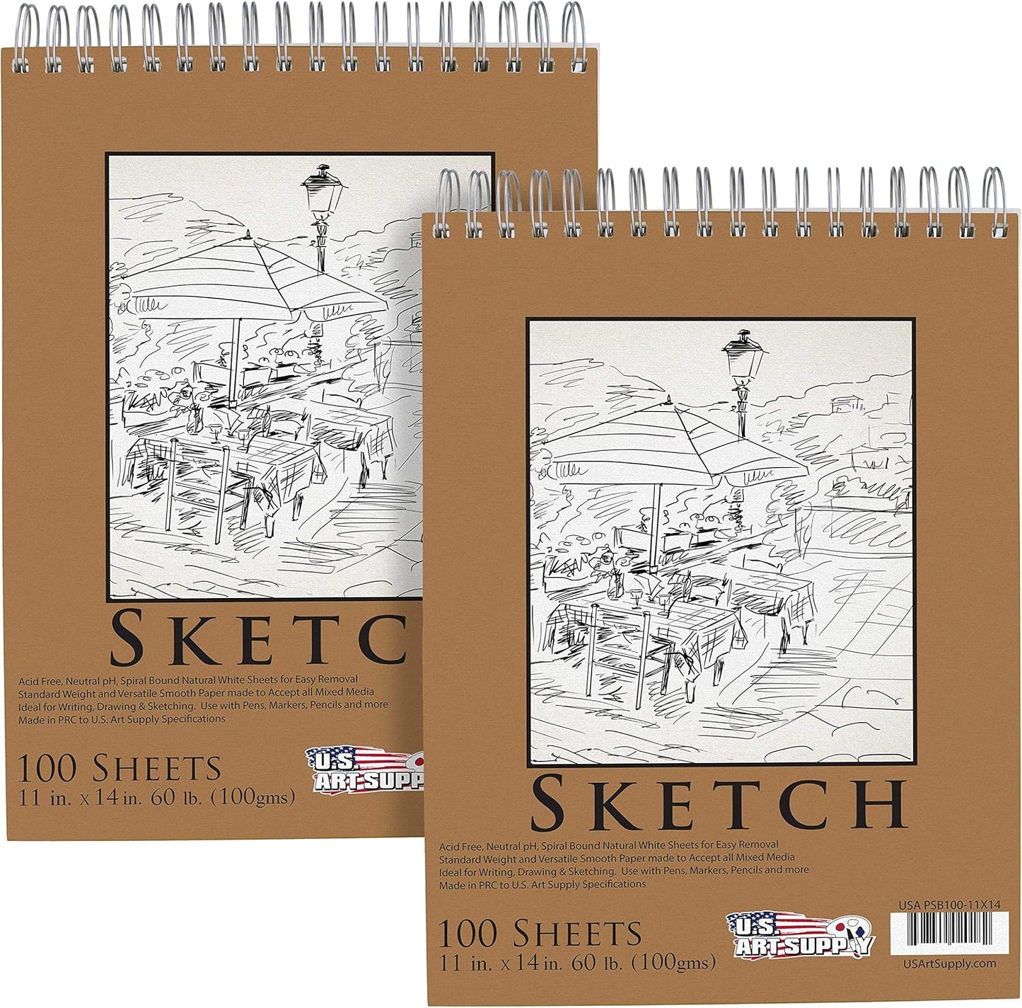 U.S. Art Supply 11"x14" Top Spiral Bound Sketch Book, 2 Pack, 100 Sheets Each, 60lb (100gsm), Acid-Free, Artist Sketchbook, Drawing Pad for Adults & Students