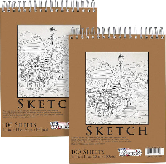 U.S. Art Supply 11"x14" Top Spiral Bound Sketch Book, 2 Pack, 100 Sheets Each, 60lb (100gsm), Acid-Free, Artist Sketchbook, Drawing Pad for Adults & Students