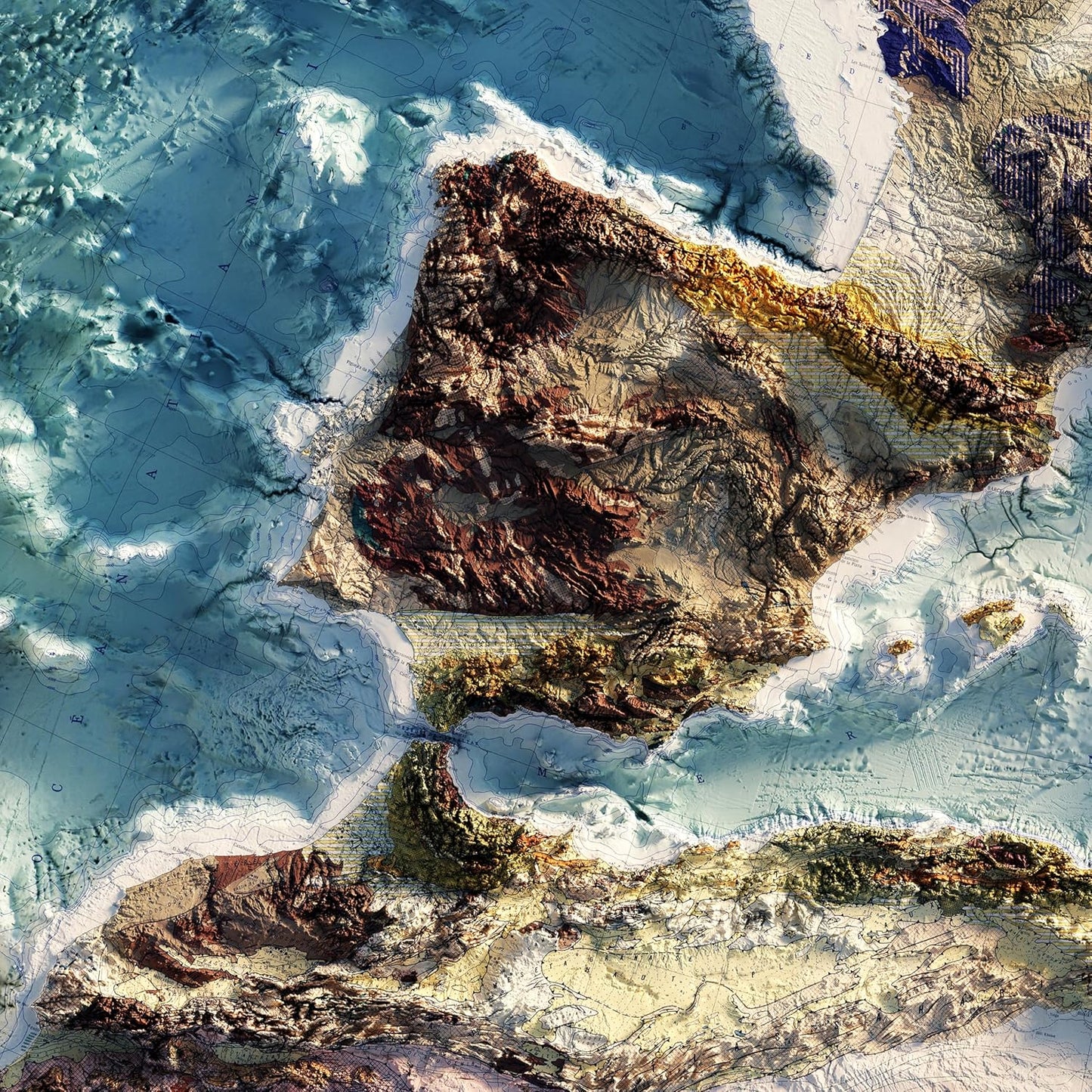 Muir Way Shaded Relief Elevation Map of Europe - Vintage-Style Topographic Wall Art with Map Look - Unframed Flat Paper Print, 36x30