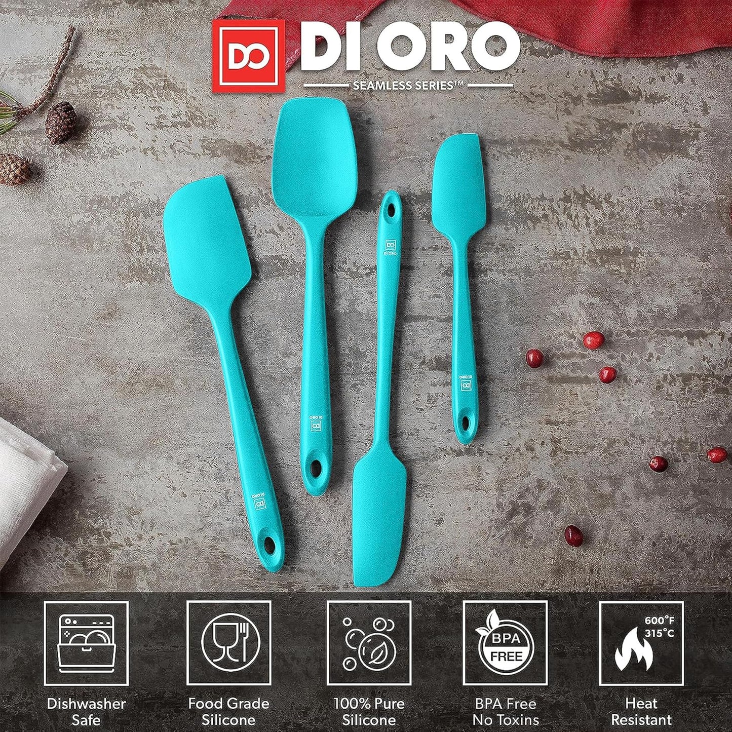 DI ORO Silicone Spatula Set - Rubber Kitchen Spatulas for Baking, Cooking, & Mixing - 600°F Heat-Resistant & BPA Free Silicone Scraper Spatulas for Nonstick Cookware - Dishwasher Safe (4pc, Teal)