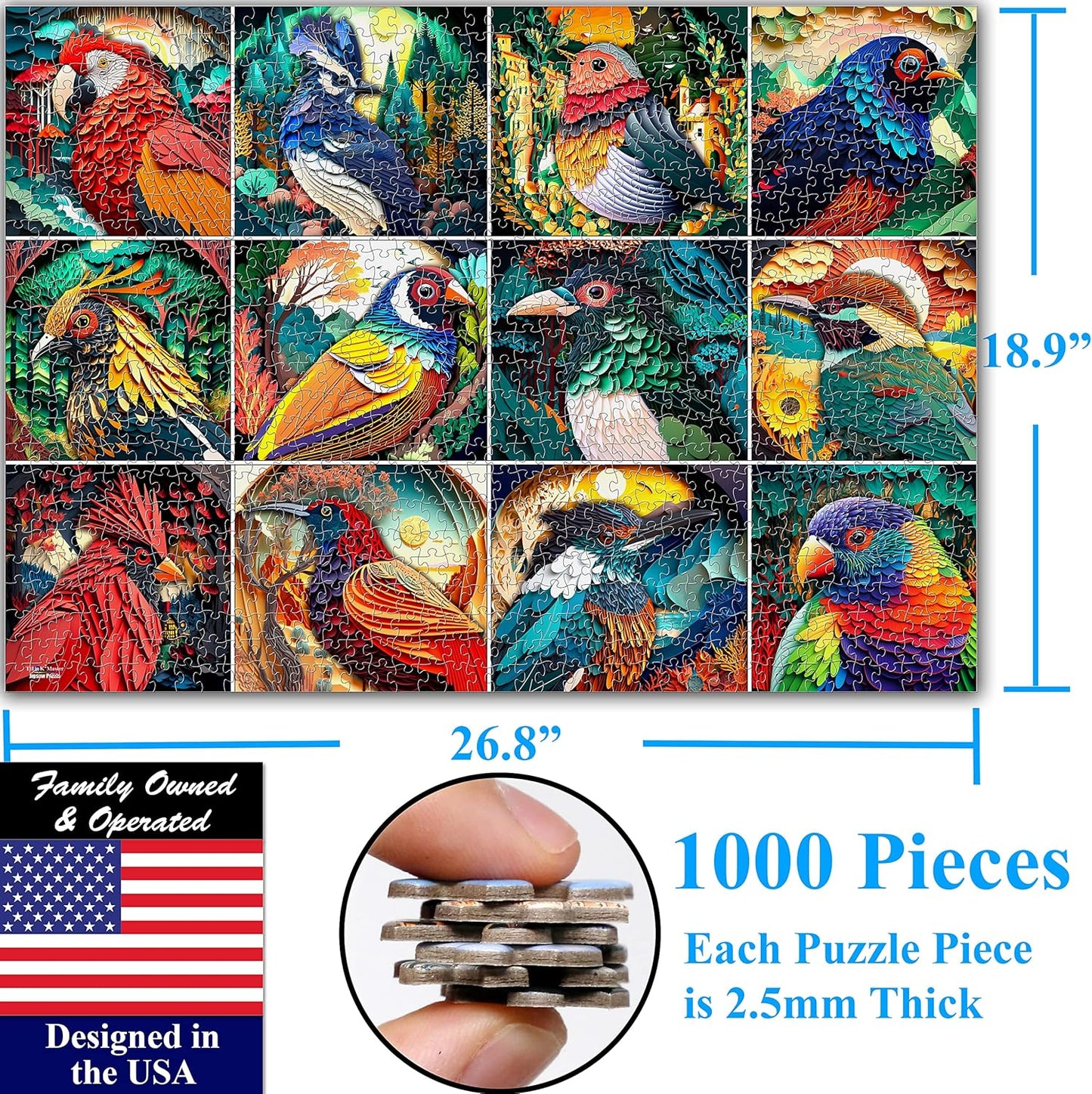 Think2Master Colorful Birds 1000 Pieces Jigsaw Puzzle. Paper Cut Craft Style. Fun for Teens, Seniors & Families. Great Gift for Kids Ages 13+. Size: 26.8” x 18.9”