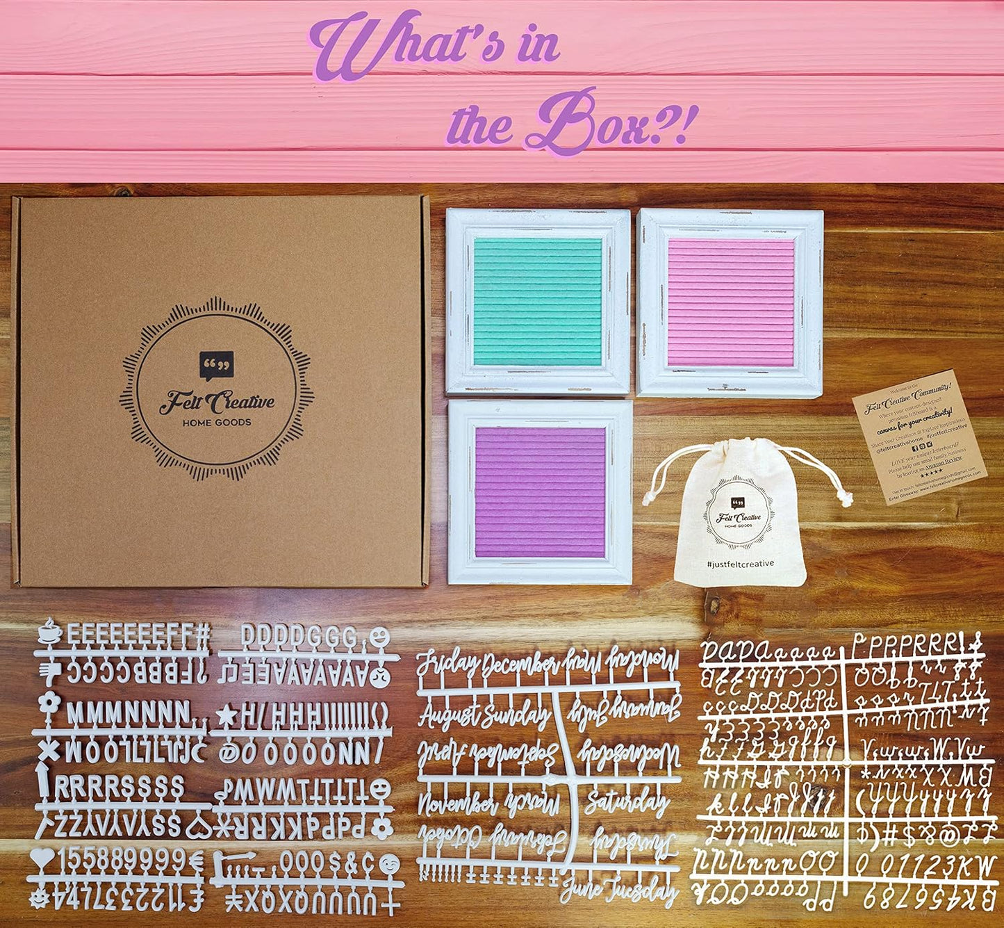 Mini Rustic Felt Letter Board Farmhouse Trio Changeable Message Boards by Felt Creative Home Goods Vintage Style Frames 3 Pack Bundle White Letter Set with Cursive Months Days (6x6) Color Edition