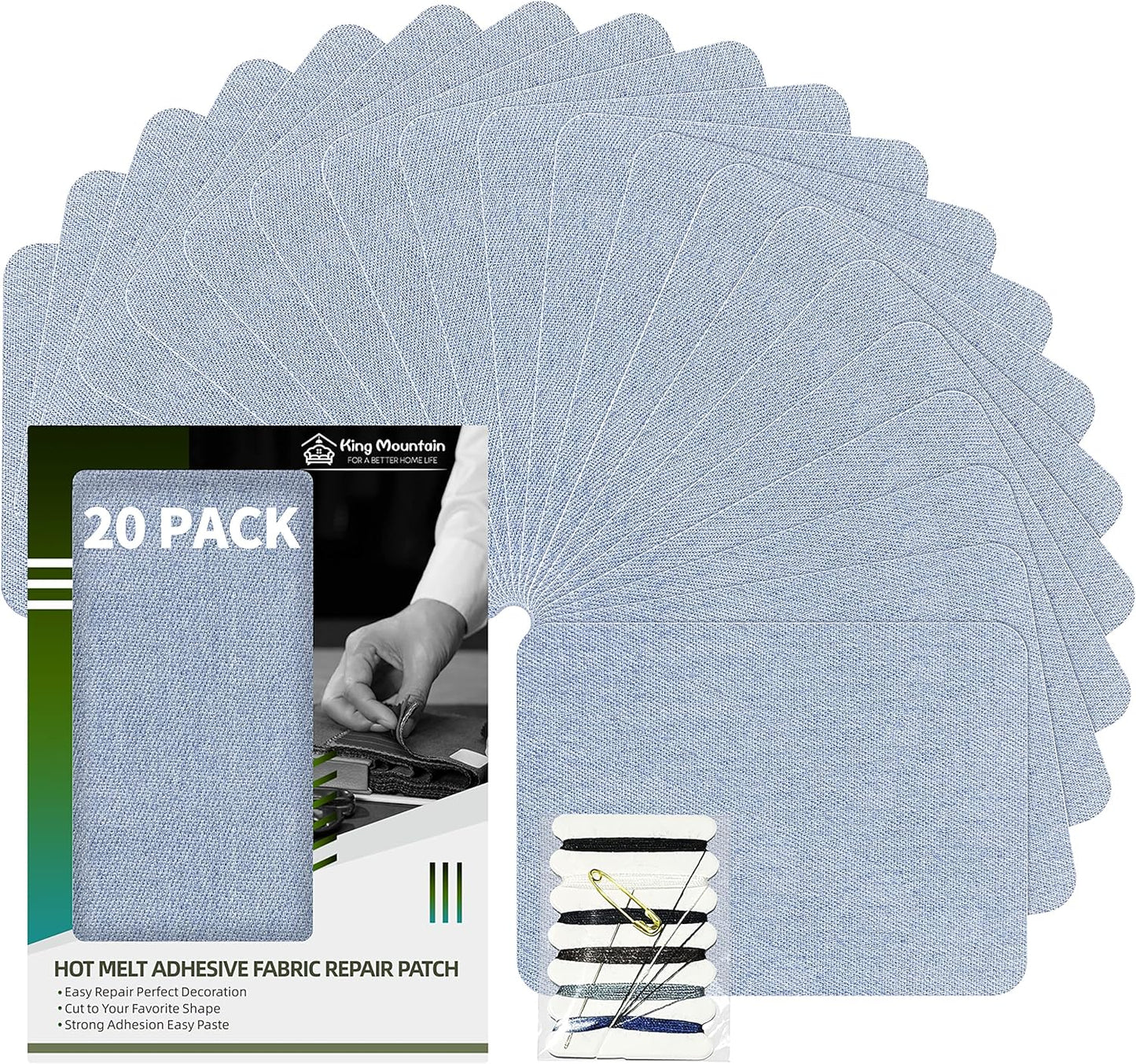 KING MOUNTAIN Iron-on Repair Patch 20 Pcs Pack,Denim Patches for Jeans Kit 3" by 4-1/4",100% Cotton Denim Iron-on Repair Patch,Jeans and Clothing Repair and Decoration Kit (Light Blue)