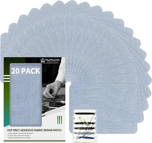 KING MOUNTAIN Iron-on Repair Patch 20 Pcs Pack,Denim Patches for Jeans Kit 3" by 4-1/4",100% Cotton Denim Iron-on Repair Patch,Jeans and Clothing Repair and Decoration Kit (Light Blue)