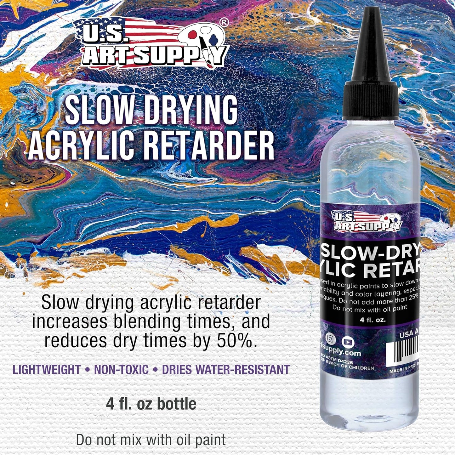 U.S. Art Supply Acrylic Retarder Liquid - 4-Ounce - For Slowing Dry Times of Acrylic Paint for Pouring - Gives you more working time with your Pour