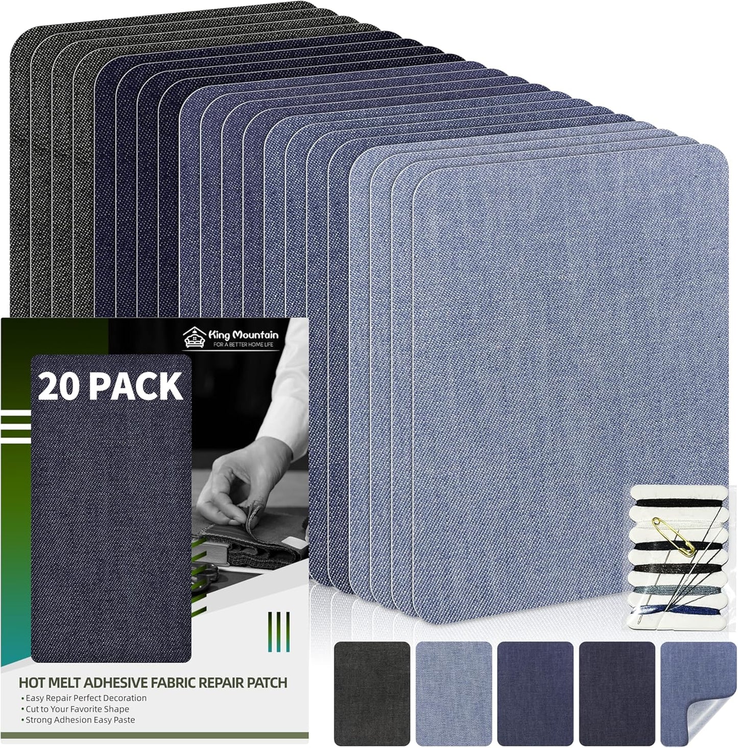 KING MOUNTAIN Iron-on Repair Patch 20 Pcs Pack,Denim Patches for Jeans Kit 3" by 4-1/4",100% Cotton Denim Iron-on Repair Patch,Jeans and Clothing Repair and Decoration Kit (Five Color 1.0)